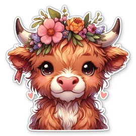Highland Cow with Flowers Sticker - for Water Bottle Phone Car Tumbler Laptop - Cartoon Cow Decal - Waterproof Vinyl - 3"