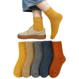 DAMILY Women's Winter Thick Socks, Wool, Warm Socks, Cold Protection, Colorful Socks, Cute Socks, For Women, Warm Socks, Set of 5, Indoor, Outdoor, 8.7 - 9.8 inches (22 - 25 cm), 5 pairs of solid