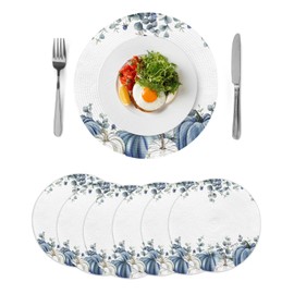 Fall Round Placemats Set of 4 Blue Pumpkin Thanksgiving Place Mats Woven Placemat White Pumpkins Green Leaves Circle Braided Table Mat for Kitchen Dining Table Holiday Party Autumn Decorations 15 Inch