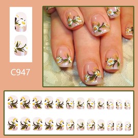 24Pcs Short Press on Nails Square Fake Nails with Flower Designs Pink Glitter False Nail Tips Spring Flowers Acrylic Nails Full Cover Artificial Stick on Nails for Women Girls Nails Decoration