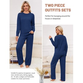 Uikue Fleece Pajama Set for Women Fuzzy Lounge Sets Winter Knitted Pj Loungewear Sleepwear 2 Piece Soft Sweater Pants Outfits(Navy,XL)
