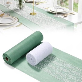 Table Decoration Set Eucalyptus Green, Fleece Table Runner 0.3 m x 25 m + Lace Ribbon White 0.15 m x 25 m - 2 Rolls of Table Runner to Cut to Size for Communion, Christening, Confirmation