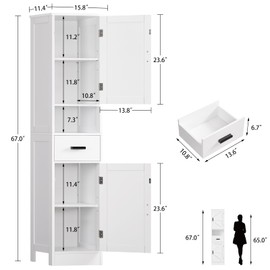 TEENFON Tall Bathroom Storage Cabinet with Barn Doors, Narrow Bathroom Cabinet with Drawer, Narrow Storage Unit, Adjustable Shelves, Floor Cabinets for Living Room, Entryway, Kitchen, White