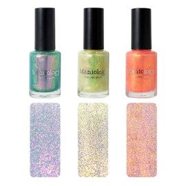 Maniology Pau Hana Regular Polish Set, Summer-Theme Sheer Flakie Nail Lacquers (White, Pink Teal Colors)