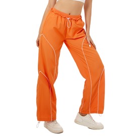 Korebow Summer Parachute Pants for Women Y2K Sweatpants Pockets High Elatic Waist Casual Sports Cargo Pants(0001-Orange-XL)