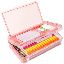 DANRONG Plastic Pencil Box, Large Capacity Pencil Case, Pencil Boxes Double Layer for Kids Adults,Colored Pencil Case,Hard Crayon Box Storage with Snap-Tight Lid for School Office Supplies(Light Pink)