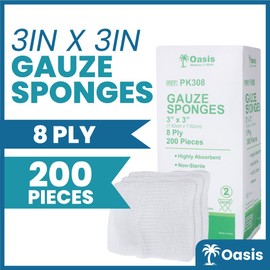 Oasis Gauze Sponges, 100% Cotton, Woven Non-Sterile Gauze (Pack of 200) (3"x3", 8-Ply)