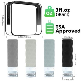 Silevoler Travel Bottles for Toiletries, 4pcs Tsa Approved 3oz Travel Size Containers, BPA Free Leak Proof Premium Silicone Bottles, Refillable Liquid Squeezable Accessories W/Toiletry Bag