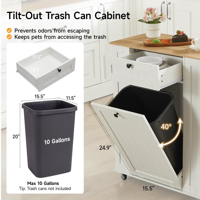 Rolling Kitchen Island with Trash Can Cabinet, 6-Tier Spice Rack,