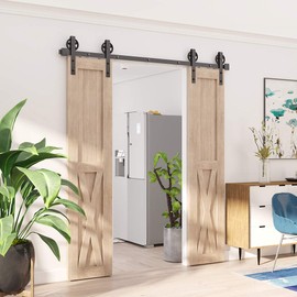 ZEKOO 6.6 FT Barn Door Hardware Kit for Cabinet Closet, Sliding Door Hardware for Double Barn Door, Heavy Duty Barn Door Track with Big Black Wheel Steel Hanger, Slide Smoothly Quietly, Easy Install