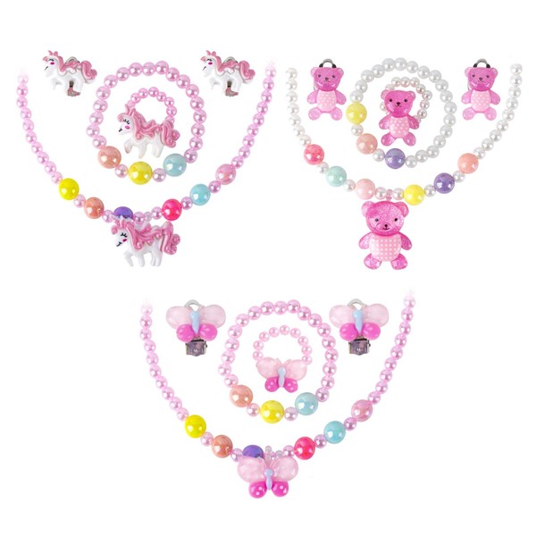 AYNKH 3 Sets Kids Jewellery, 15 PCS Unicorn Bear Butterfly Stretchy Necklace Bracelet Ring Hair Clip, Colorful Gift Party Favors Dress up for Little Girl Toddler