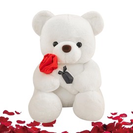 Teddy Plush Bear, 25 cm Teddy Bear with Rose, Teddy Bears Rose Stuffed Toy Toy, Plush Toy Bear Cuddly Toy, Cushion Doll for Mum, Girls, Boys, Birthday Gift, Valentine's Day Plush Bear Toy (White)