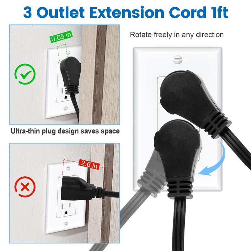1Ft 360° Rotating Flat Plug Extension Cord with 3 Outlets