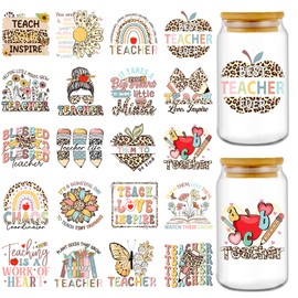 Rngmsi Teacher UVDTF Cup Wrap - 20 Sheets Leopard Print UV DTF Cup Wraps for 16 oz Glass, Rainbow Butterfly Flower Stickers for Water Botters, Waterproof Rub on Transfer Decals, DIY Teacher Gift