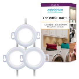 Enbrighten Linkable Plug-in Puck Lights, 3 Pucks, Under Cabinet Lighting LED Puck, 375 Lumens, Warm White Light (300K), Linkable, Under Counter Lighting, Kitchen, Counter, Indoor, 44412-T1
