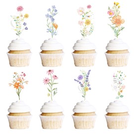 Rngmsi Decoración para cupcakes de cumpleaños, 40 piezas de flores silvestres para baby shower, decoración de pastel de baby shower para niñas y mujeres, decoración de fiesta de hadas floral de jardín