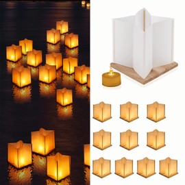 FUELYE 10 Pack 6" Star Shaped Floating Lanterns with Waterproof Wooden Base Sets, Paper Water Lanterns Decoration with LED Tealight Candle (10Sets Lanterns+Flameless LED Candles)