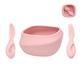 Tiny Genius Toddler Flatware Set, Baby Led Weaning Silicone Utensils, Fork, Spoon, and Bowl, BPA Free, Easy to Clean, Self-Feeding, Durable and Safe for Toddlers, Enhances Fine Motor Skills (Pink)