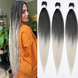 Pre stretched Braiding Hair 32 Inch Braiding Hair Extensions Hot Water Setting Synthetic Hair Pre Stretched Crochet Braids Hair(32 Inch,3Packs,1B/Silver#