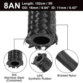 5ft 8AN Fuel Hose AN8 1/2 Universal Braided Nylon Stainless Steel CPE Oil Fuel Gas Line Hose Black