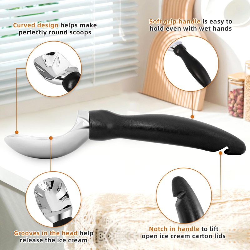 Ice Cream Scoop with Comfortable Grip Handle, Heavy Duty Stainless