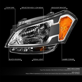DNA MOTORING Driver Side (Left) Headlight Assembly Compatible With Soul 2010-2011, Halogen, Black Housing, OEM-HL-0325-L