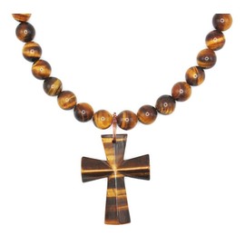 Tigers Eye Cross Necklace for Men Spiritual Protection Jewelry | Gemstone Cross Necklace for Women |Religious Fashion Accessory | 10mm 19”