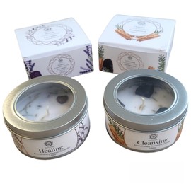Boemy Set of 2 Scented Candles Green Tree Aromatherapy and Decoration with Black Tourmaline and Amethyst 70g Relaxing Fragrances Sandalwood, Juniper and Lavender that heal and clean your rooms