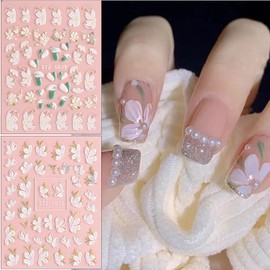 2 Sheets 5D Embossed White Flowers Nail Stickers Decals Fresh Floral Self-Adhesive Flower Nail Decals Engraved Nail Sticker for Women Girls Manicure Nail Decoration