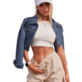 Grabsa Women’s Button Down Long Sleeve Cropped Denim Jean Jacket with Pockets