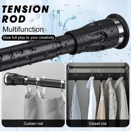Tension Curtain Rod, 48 to 84 inch Adjustable Heavy Duty black shower curtain rod for bathroom Closet Windows