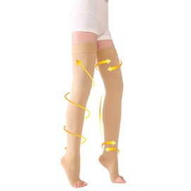TOFLY® Thigh High Compression Stockings for Women & Men (Pair), Open Toe, Opaque 20-30 mmHg Graduated Compression Hose, Medical Compression Stockings for Varicose Veins, Edema, DVT, Travel,Beige 4XL