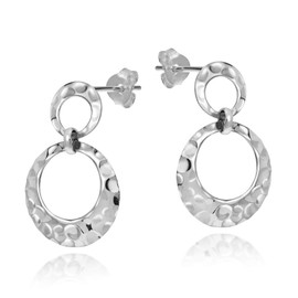 Glamour Hammered Double Circles .925 Sterling Silver Stud Earrings, Metal, No Gemstone