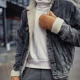 Harssidanzar Male Mittens,Genuine Suede Leather Sheepskin Shearling Mittens Gloves Fur Cuff KM044,Cammel,Szie XL