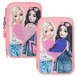 Depesche TOPModel 12950 Filled 3-Compartment Pencil Case in Pink, with Model Motif and Reversible Sequins, Pencil Case with Colouring Pencils, Ruler, Scissors and much more
