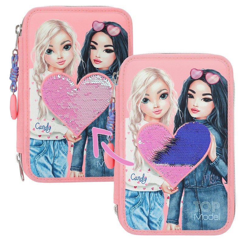 Depesche TOPModel 12950 Filled 3-Compartment Pencil Case in Pink, with