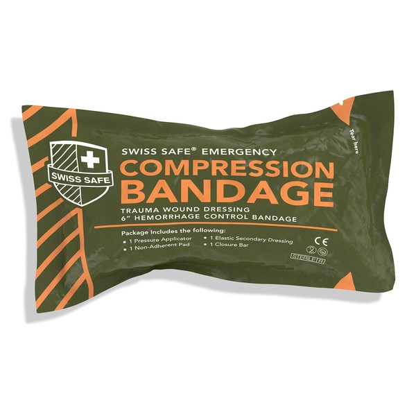 Swiss Safe Israeli 6" Compression Bandage [STERILE]: Authentic Compact Design for Emergency Wound Dressing, First Aid and Trauma Kit (1-Pack)