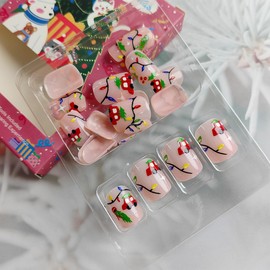 24Pcs Christmas Press on Nails Short Square Fake Nails Cute Cartoon Car Design Glue on Nails Colorful Xmas Light Strip False Nails Tip Cute Full Cover Stick on Acrylic Nails for Women Christmas Nails