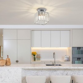 Modern Crystal Ceiling Light, E27 Mini Crystal Ceiling Light, Silver Square Crystal Chandelier, for Hallway, Living Room, Bedroom, Kitchen, Entrance Lamp (Silver)