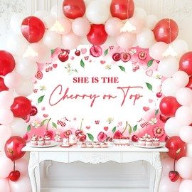 Avezano She's The Cherry on Top Baby Shower Banner for Girl Pink Bow Cherry Party Backdrop Cherry On Top Baby Shower Decor Coquette Cherry Theme Bridal Shower Decorations 70.8 x 43.3 Inch