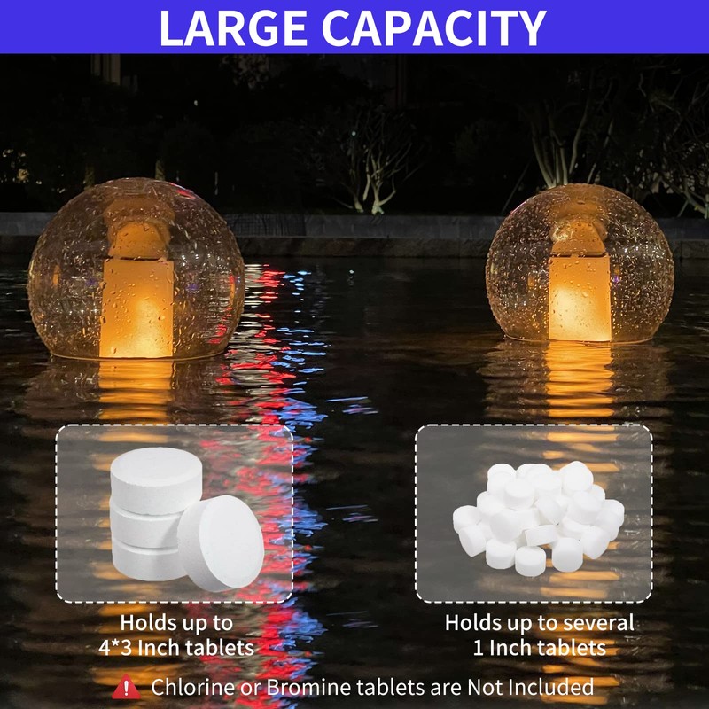 Pool Chlorine Floater with Solar Flame Light, Chlorine Dispenser for
