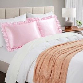HommxJF Silky Satin Ruffled Pillow Cases for Hair and Skin,Pink Silk Pillowcases King Set of 2 with Envelope Closure Princess Room Decoration