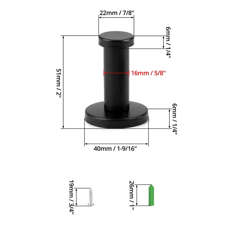 QWORK® 8Pcs Black Round Wall Hooks, 55 mm Coat Hook,