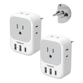 TESSAN Brazil Plug Adapter 2 Pack, 7 in 1 US to Brazil Power Adapter with 3 USB Ports (1 USB-C Port) 4 American Outlets, Type N Travel Adaptor for USA to Brazilian