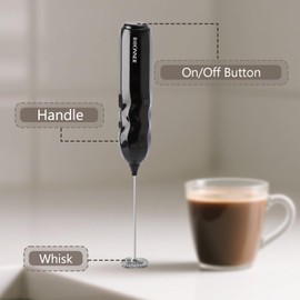 RAYONNER Milk Frother Handheld Fast Powerful Drink Mixer with Stainless Steel Whisk for Coffee, Battery Operated (Black with Stand)