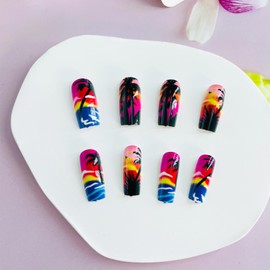 Medium Long Press on Nails Square Shaped Fake Nails with Designs Palm Tree Gel Glue on Fingernails Summer Twilight Beach Acrylic Nails Sea Glossy Artificial Nails for Women