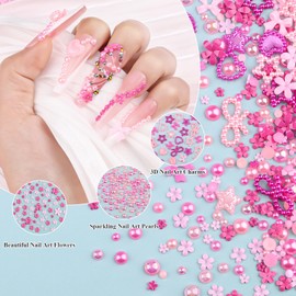 3D Nail Art Charms and Half Pearls, 3-6mm Rose Pink AB Pearls + Cute Assorted Star Heart Bow Nail Charms + Spring Cherry Blossom Flower with Pickup Tools for DIY Crafts Nails (02-12 Grids-Rose Pink)