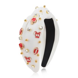 Uintoon Football Headband for Women White Knotted Headband Rhinestone Top Knot Headbands Fashion Cute Wide Headbands Game Day Sports Hair Accessories Gift Football Mom Accessories for Women and Girls