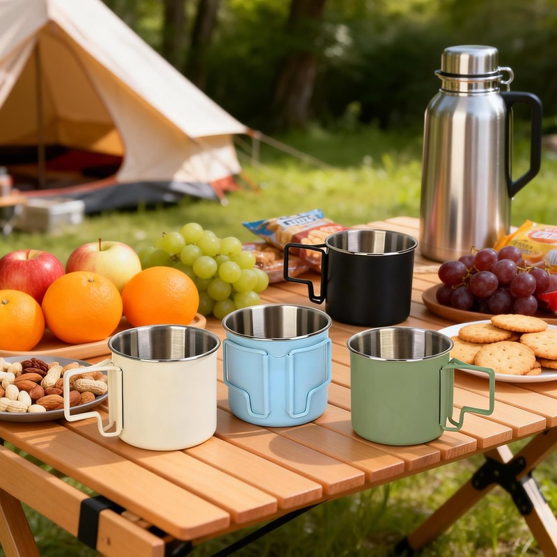 Ftabernam 4 Pack Stainless Steel Camping Cups with Foldable Handle,