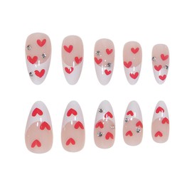 White French Tip Press on Nails Medium Almond Red Love Heart Rhinestones False Nails with Design Valentine's Day Artificial Acrylic Nails Full Cover Reusable Coffin Fake Nails Glue on Nails for Women